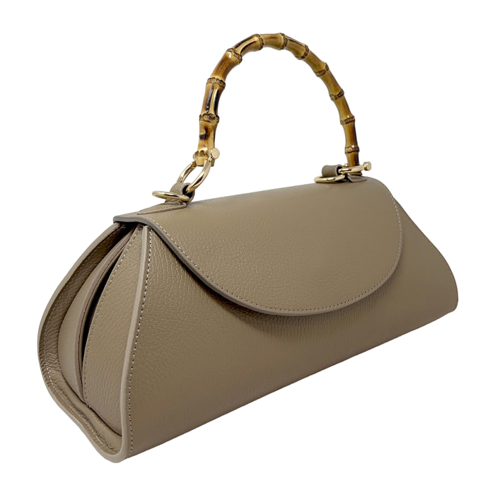 Borsa a Mano Elegante da Donna con Manico in Bambu in Pelle Martellata