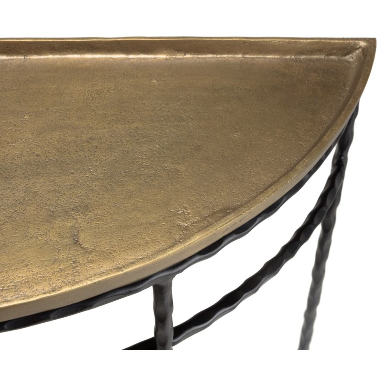 JOHAN - Console demi-lune 90x36cm alu doré pieds métal noirs torsadés
