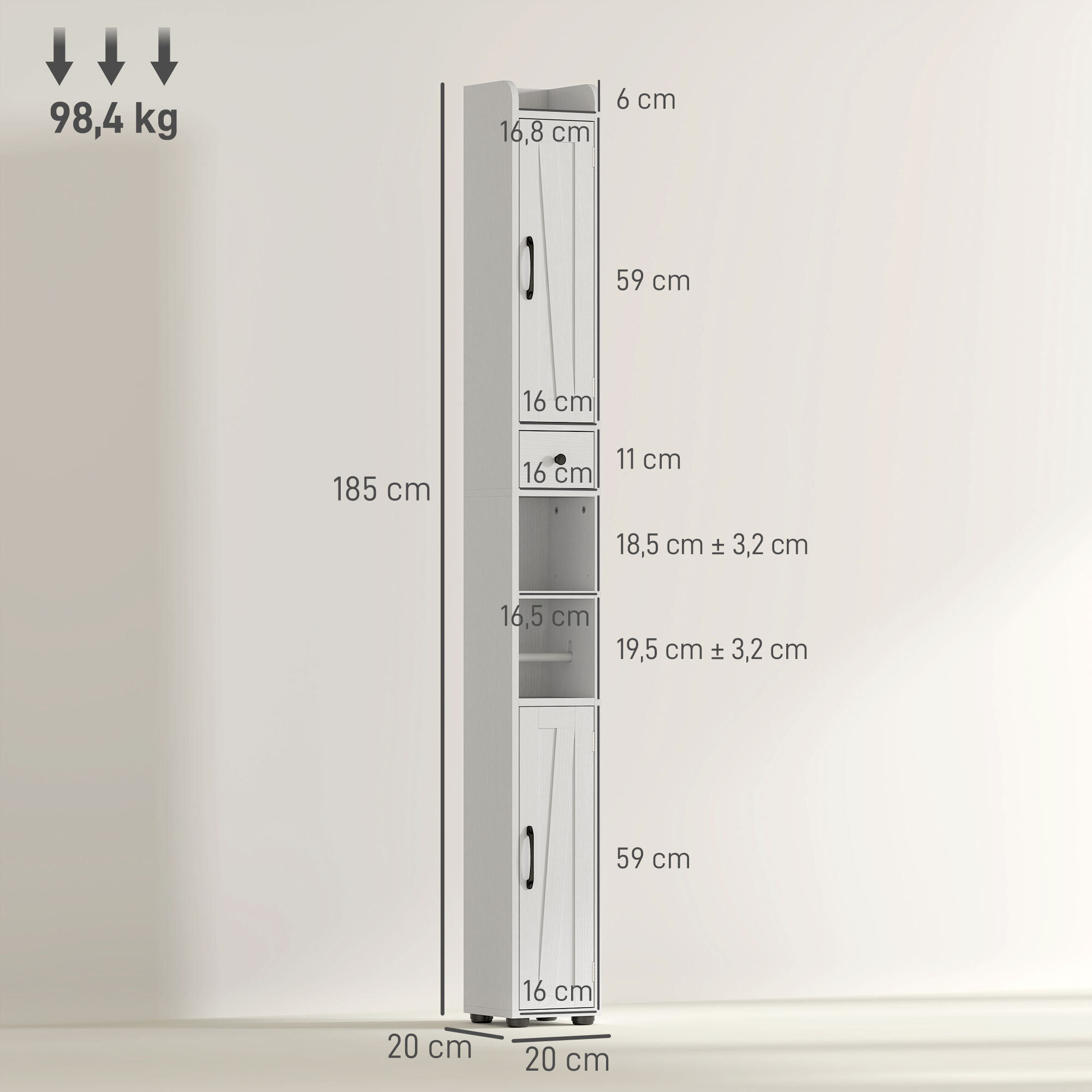Columna de Baño Estrecha con 2 Puertas Armario Alto de Baño Rústico con Cajón Compartimento Abierto Estantes Ajustables y Portarrollos 20x20x185 cm Blanco