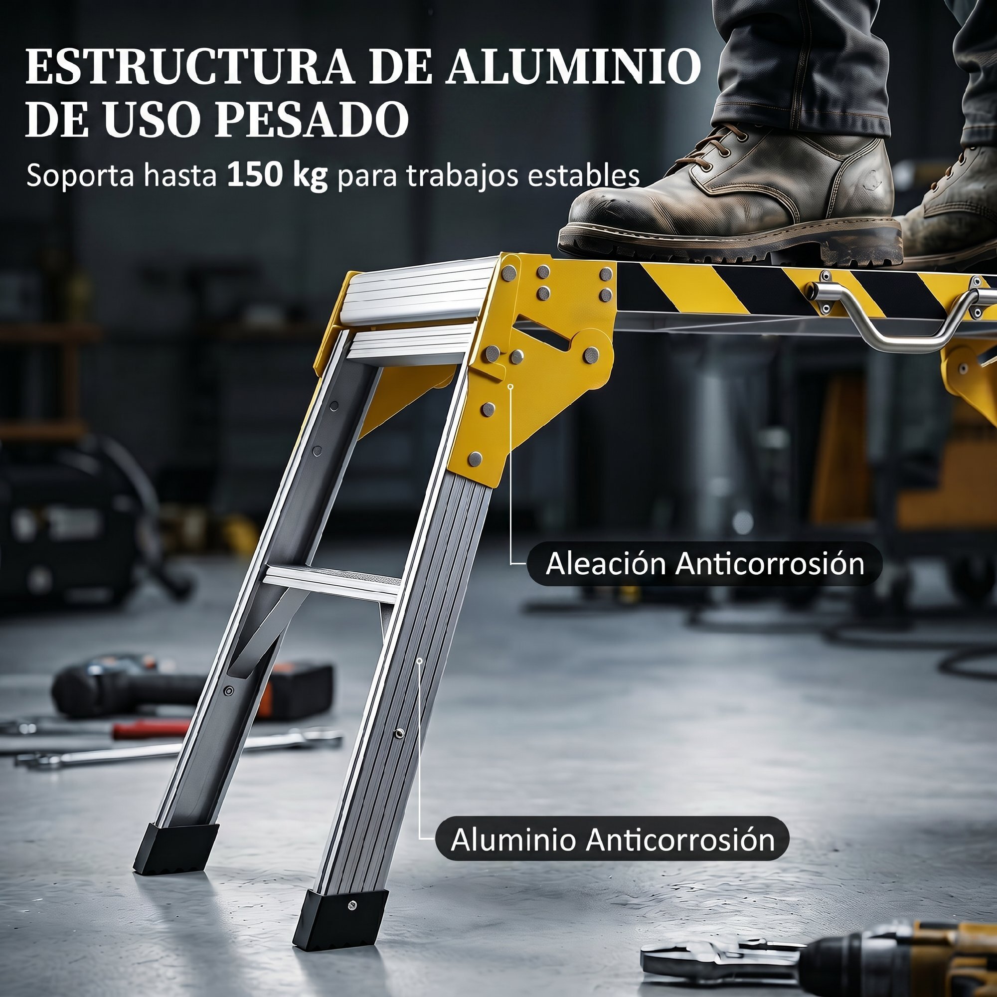 Banco de Trabajo Plegable de Aluminio, Mesa de Taller con Asa, Antideslizante, Tiras Reflectantes, Carga 150 kg, 110x32x50 cm, Negro