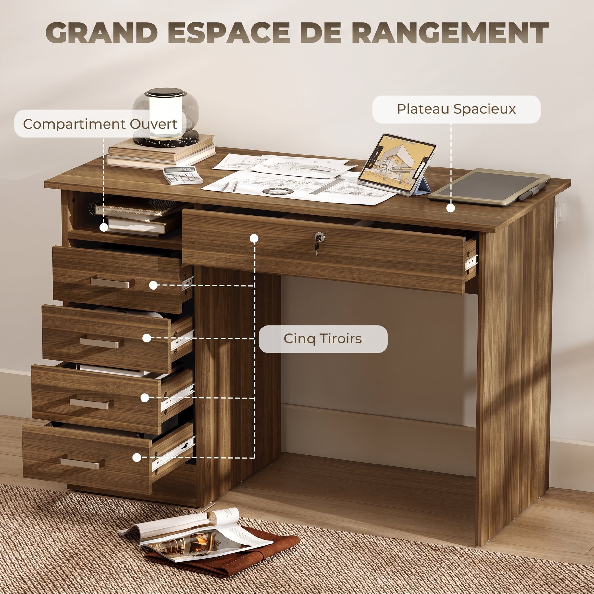 Bureau informatique multimédia multi-rangement 5 tiroirs niche 110L x 50l x 76H cm noyer
