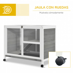 Conejera de Madera con Ruedas 91,5x53,3x73 cm Jaula para Conejos de 2 Niveles con Techo Abatible Bandeja Extraíble y Rampa Gris