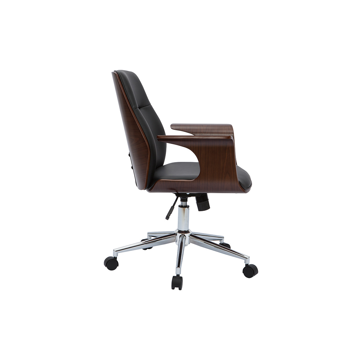 Chaise de bureau à roulettes design noir, bois foncé noyer et acier chromé RUFIN