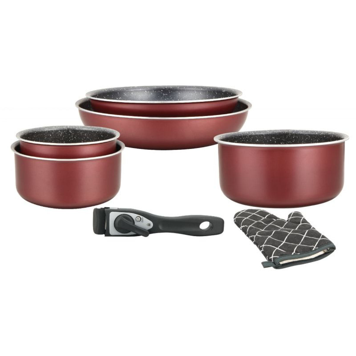 Batterie de cuisine revêtement pierre avec manche amovible 7 pièces bordeaux Herzberg HG8053-BR