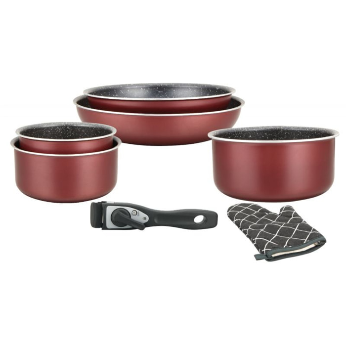 Batterie de cuisine revêtement pierre avec manche amovible 7 pièces bordeaux Herzberg HG8053-BR