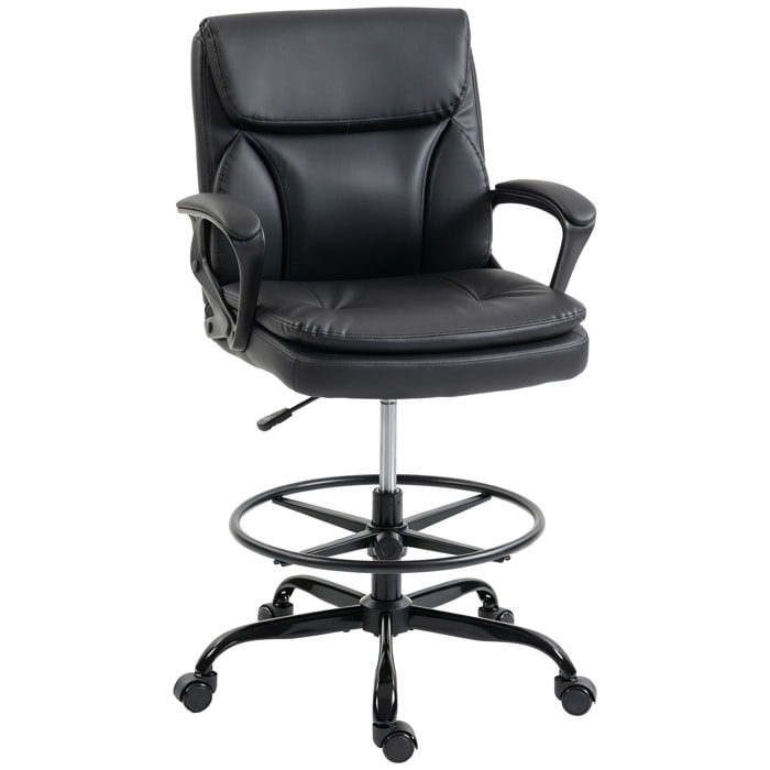 Silla de Escritorio Alta, Silla de Dibujo Ergonómica con Reposapiés Ajustable, Altura Regulable, Ruedas Giratorias, Tapizado en PVC para Oficina, Estudio, Negro