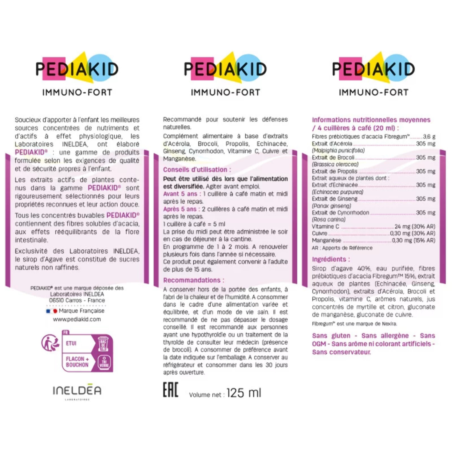 PEDIAKID - Sirop Immuno-Fort - Complément Alimentaire Naturel - Formule Exclusive au Sirop d'Agave - Aide à Soutenir les Défenses Naturelles de l'Organisme - Goût Myrtille - Lot de 3 flacons