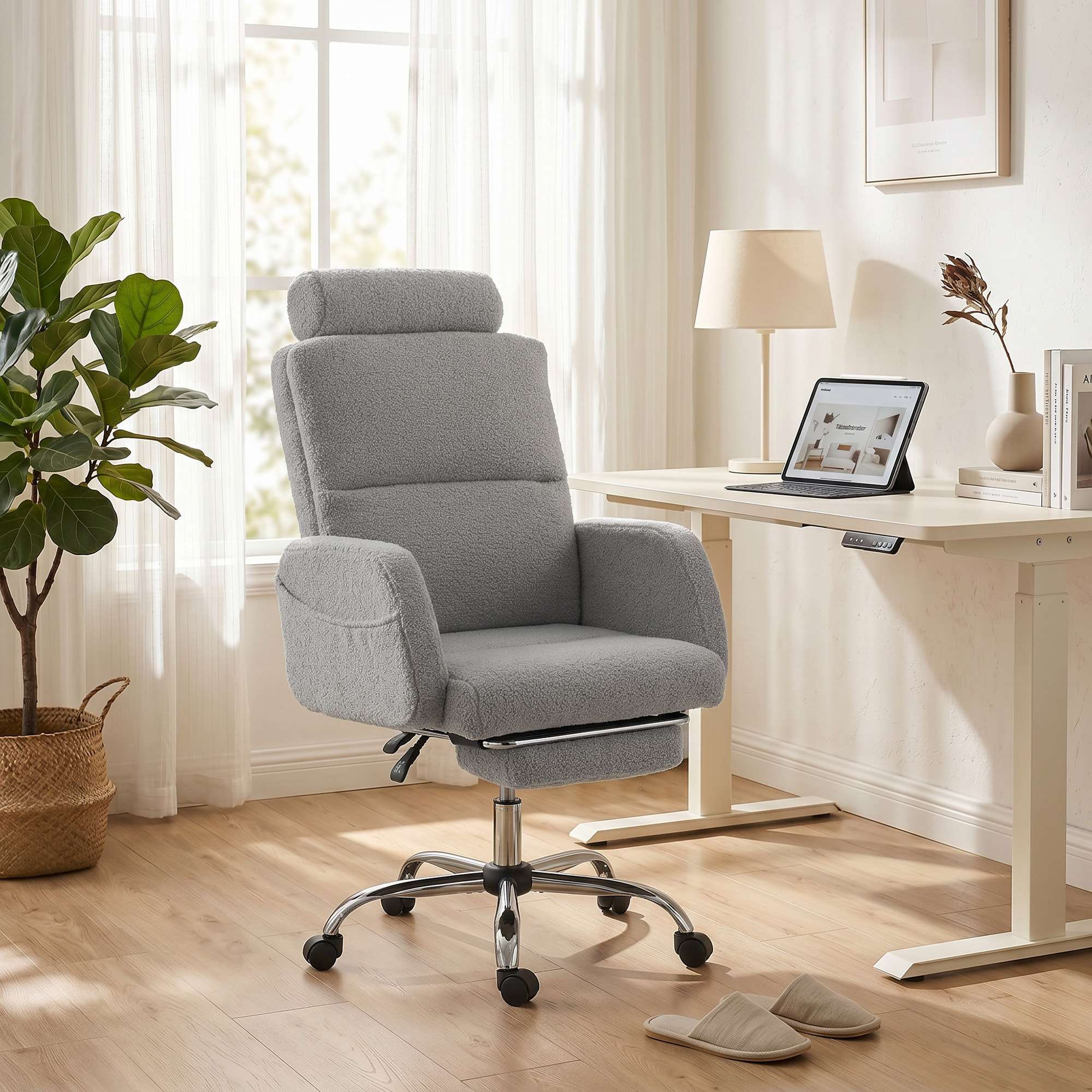 Silla de Escritorio con Reposapiés Tapizada en Borreguito Silla de Oficina con Respaldo Reclinable Reposacabezas Ajustable Respaldo Alto Altura Ajustable Gris Claro