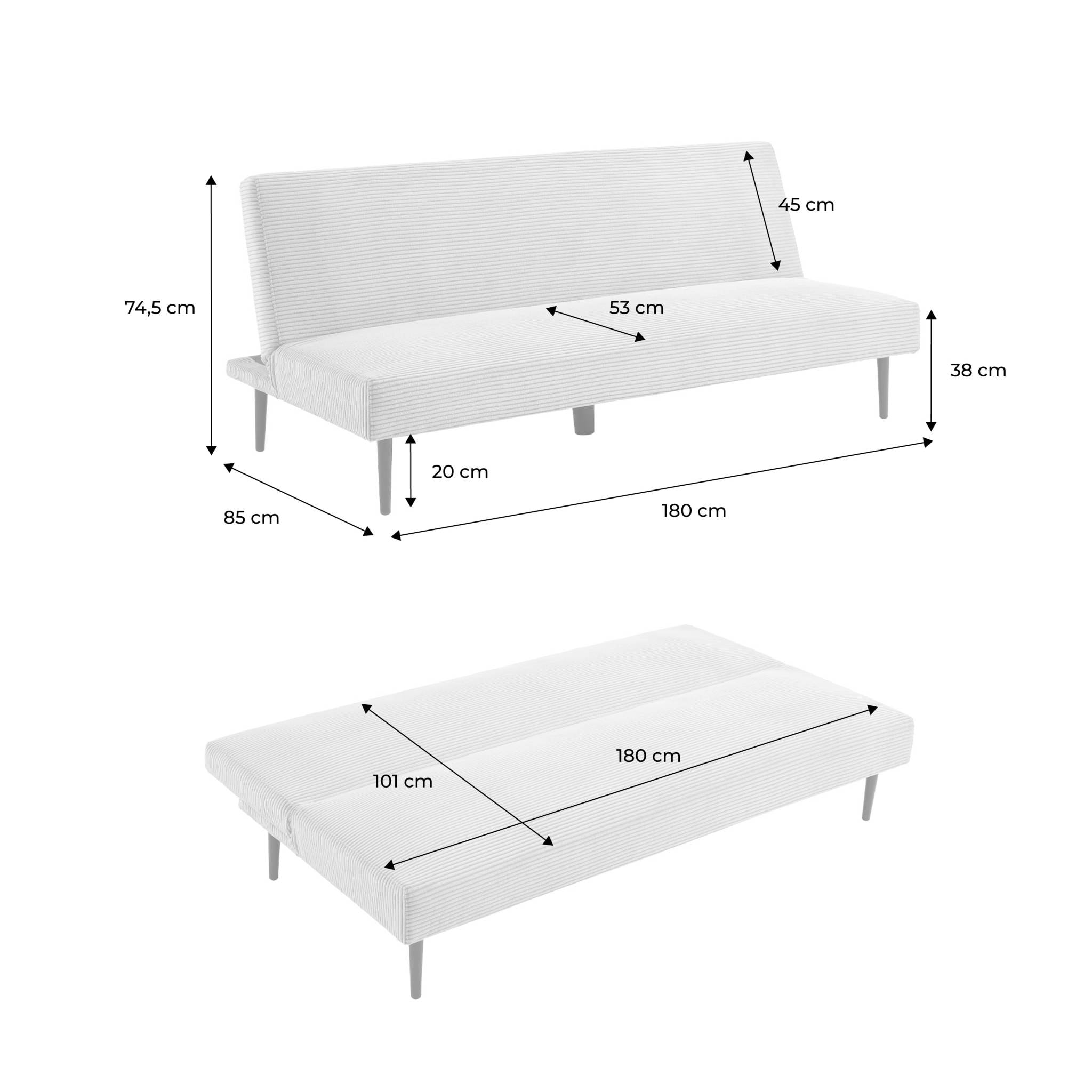 Canapé banquette convertible 3 places velours côtelé kaki piétement métal L 180 x P 100 x H 74.5 cm - Max