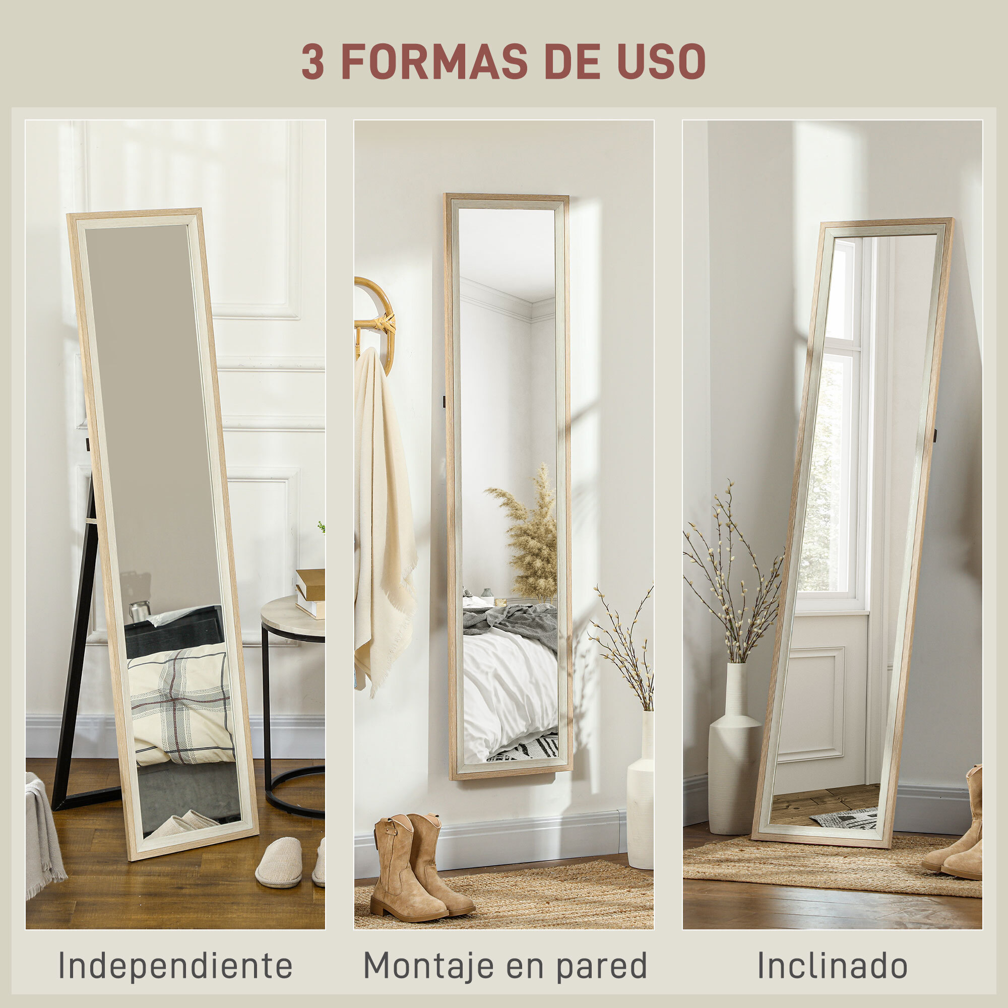 Espejo de Cuerpo Entero 157x37 cm Espejo de Pie o de Pared con Marco de MDF y Soporte para Salón Dormitorio Blanco y Natural