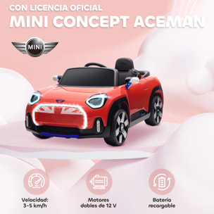 Coche Eléctrico para Niños de +3 Años, MINI Concept Aceman, Coche de Batería 12V, con Bluetooth, Mando a Distancia 2,4 G, Motor Doble, Suspensión Trasera, Faros, Música, USB, Rojo