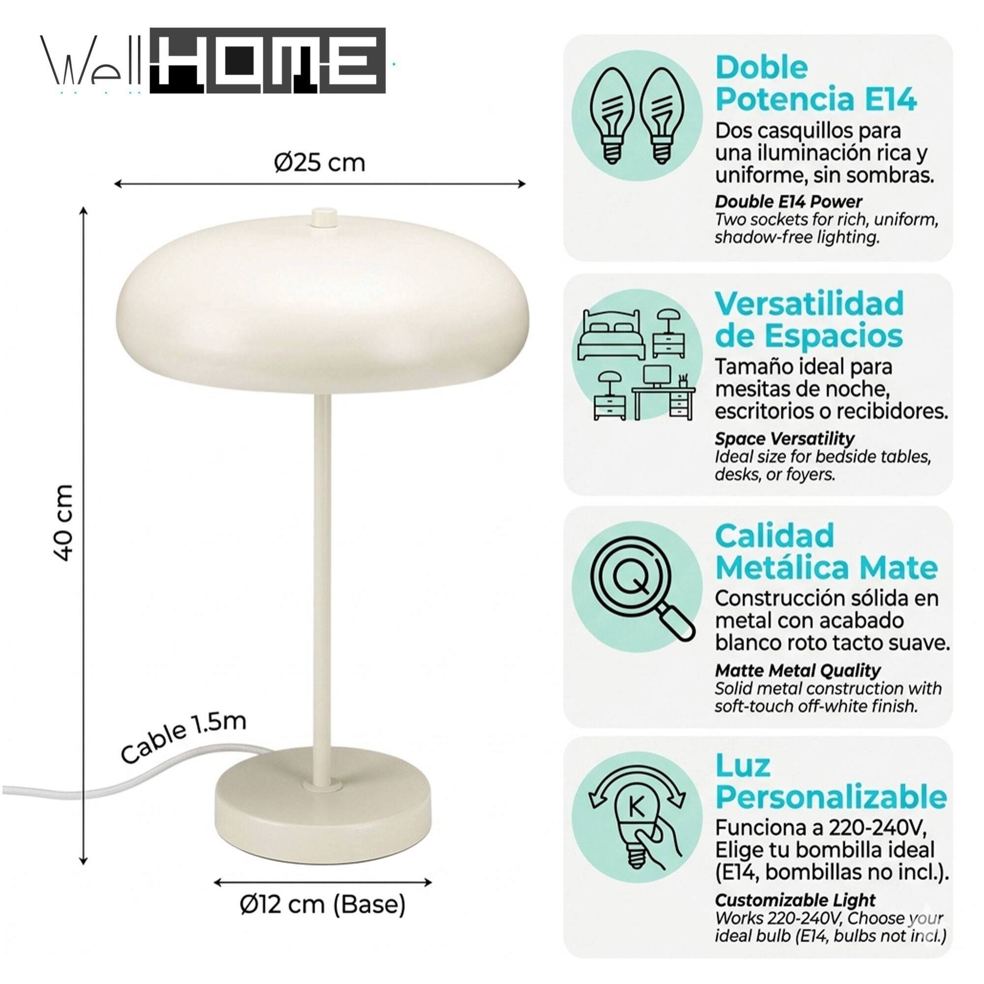 Lámpara de mesa metálica Blanco roto 25x40cm de diseño moderno con doble casquillo E14