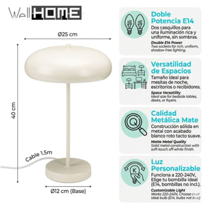 Lámpara de mesa metálica Blanco roto 25x40cm de diseño moderno con doble casquillo E14