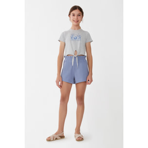 Conjunto niña 2 piezas Camiseta blanca algodón con nudo frontal y estampado cámara + Shorts Azul cintura elástica, bolsillos laterales, transpirable | Color: Azul | Street Monkey