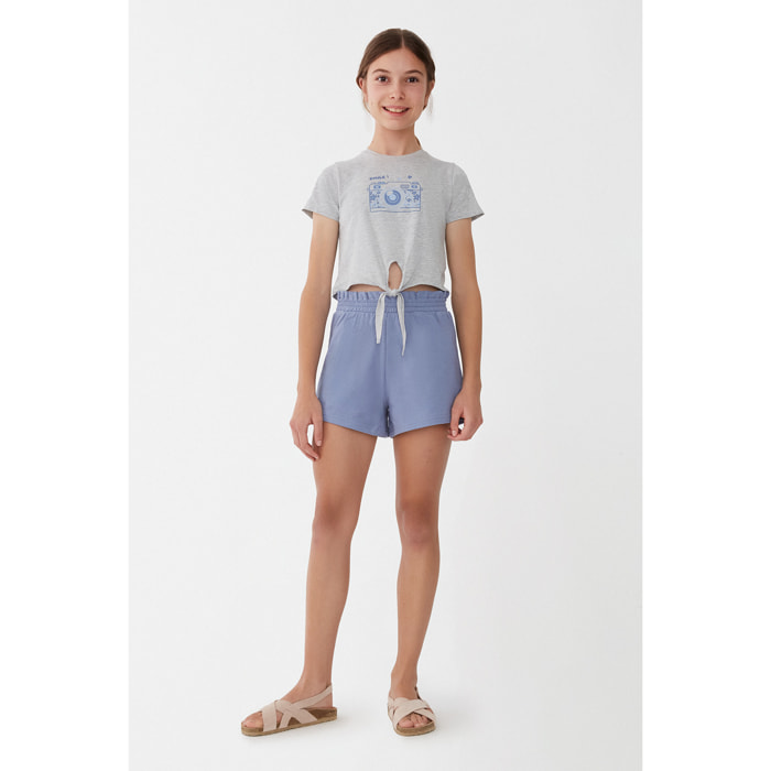 Conjunto niña 2 piezas Camiseta blanca algodón con nudo frontal y estampado cámara + Shorts Azul cintura elástica, bolsillos laterales, transpirable | Color: Azul | Street Monkey