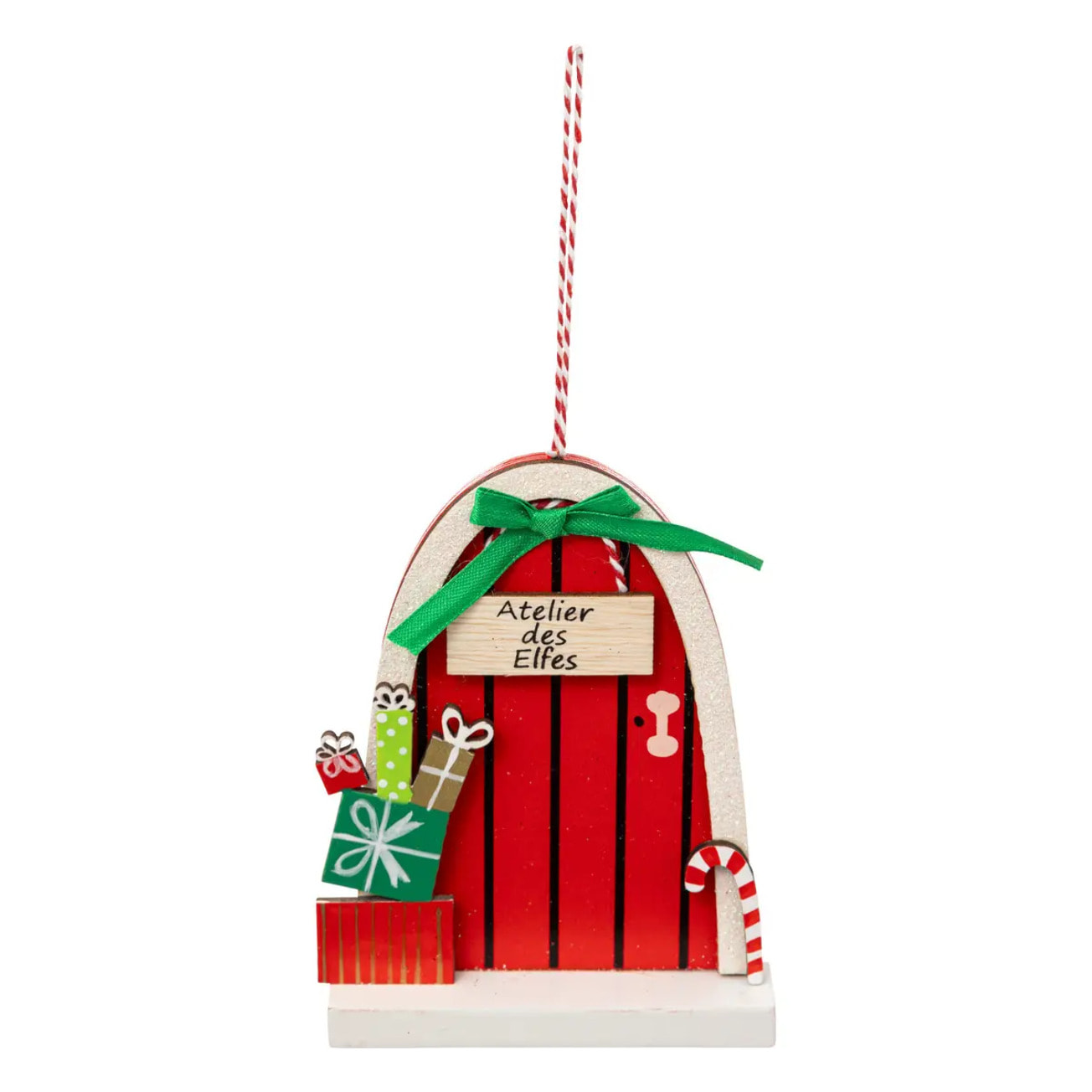 Décoration de sapin en bois porte elfe rouge 12cm