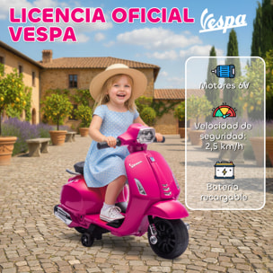 Moto Eléctrica para Niños 6V con Licencia Vespa, Moto Eléctrica Infantil con Ruedas Auxiliares de 6,9'', Velocidad de 2,5km/h, Faro y Bocina, para Niños de 2-6 Años, Rosa