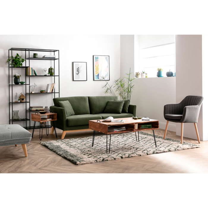 Canapé scandinave déhoussable 3 places en tissu velours bleu nuit et bois clair OSLO