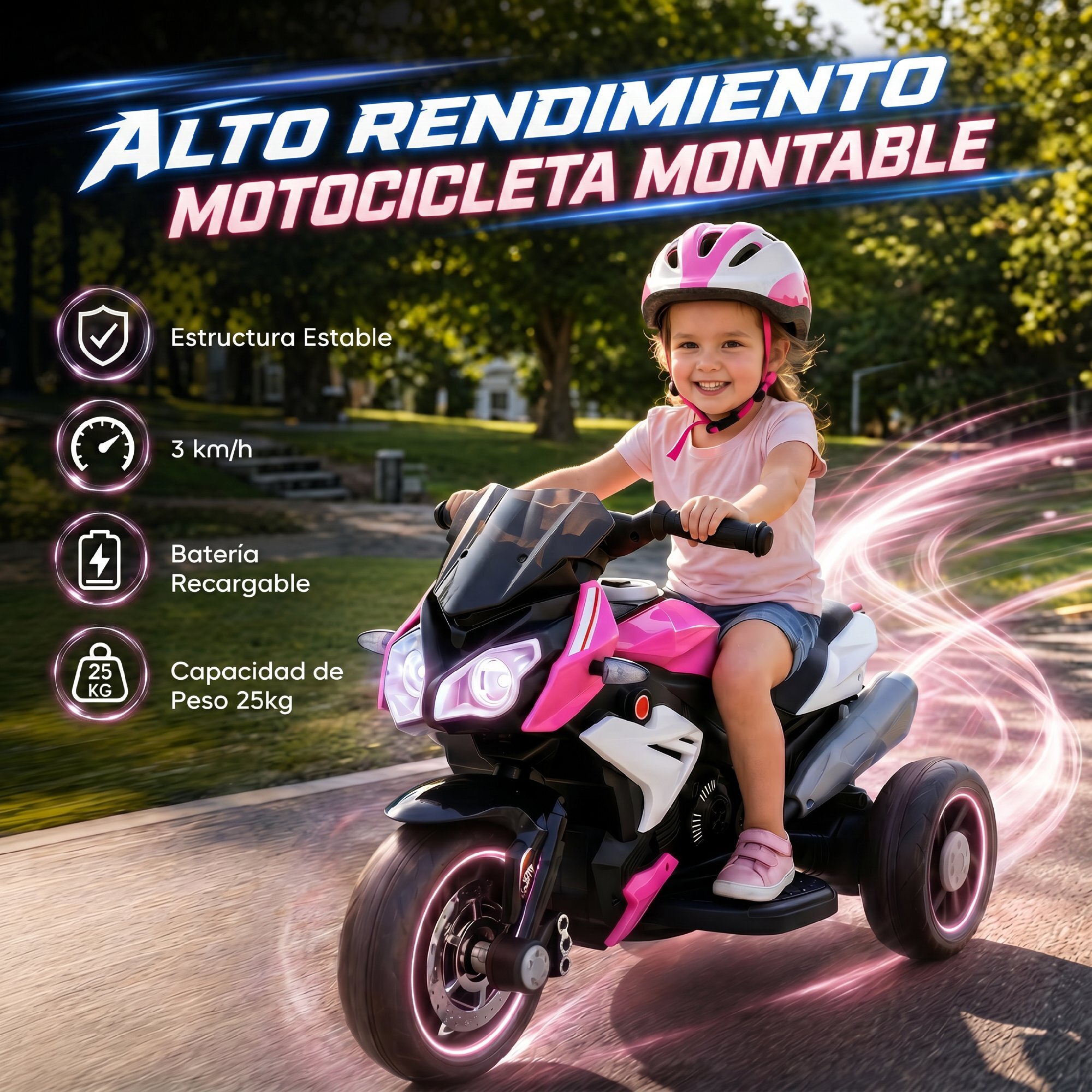 HOMCOM Moto Eléctrica para Niños con 3 Ruedas, Moto Eléctrica Infantil con Pedal, Faro LED, Música y Bocina, Regalo para Niños y Niñas de 3 a 5 Años, Rosa