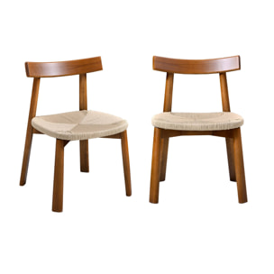 Lot de 2 chaises scandinaves en bois d'hévéa effet noyer et assise en corde beige