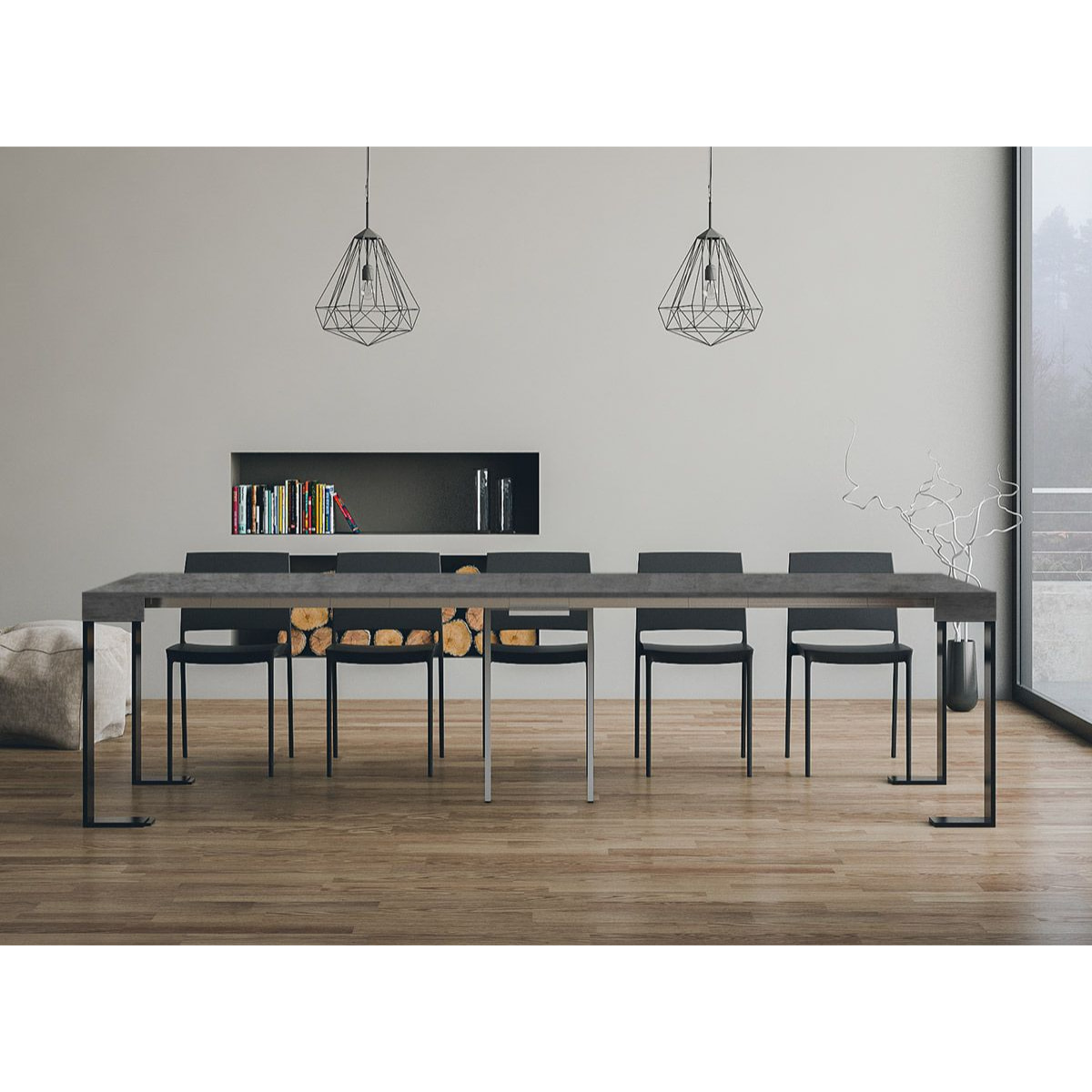 Console extensible 90x40/300 cm Tecno Gris Béton cadre Anthracite