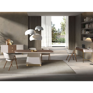 Aparador de madera chapada en nogal natural y madera MDF lacada en beige patas de acero inoxidable pulido en dorado 180x47x80cm