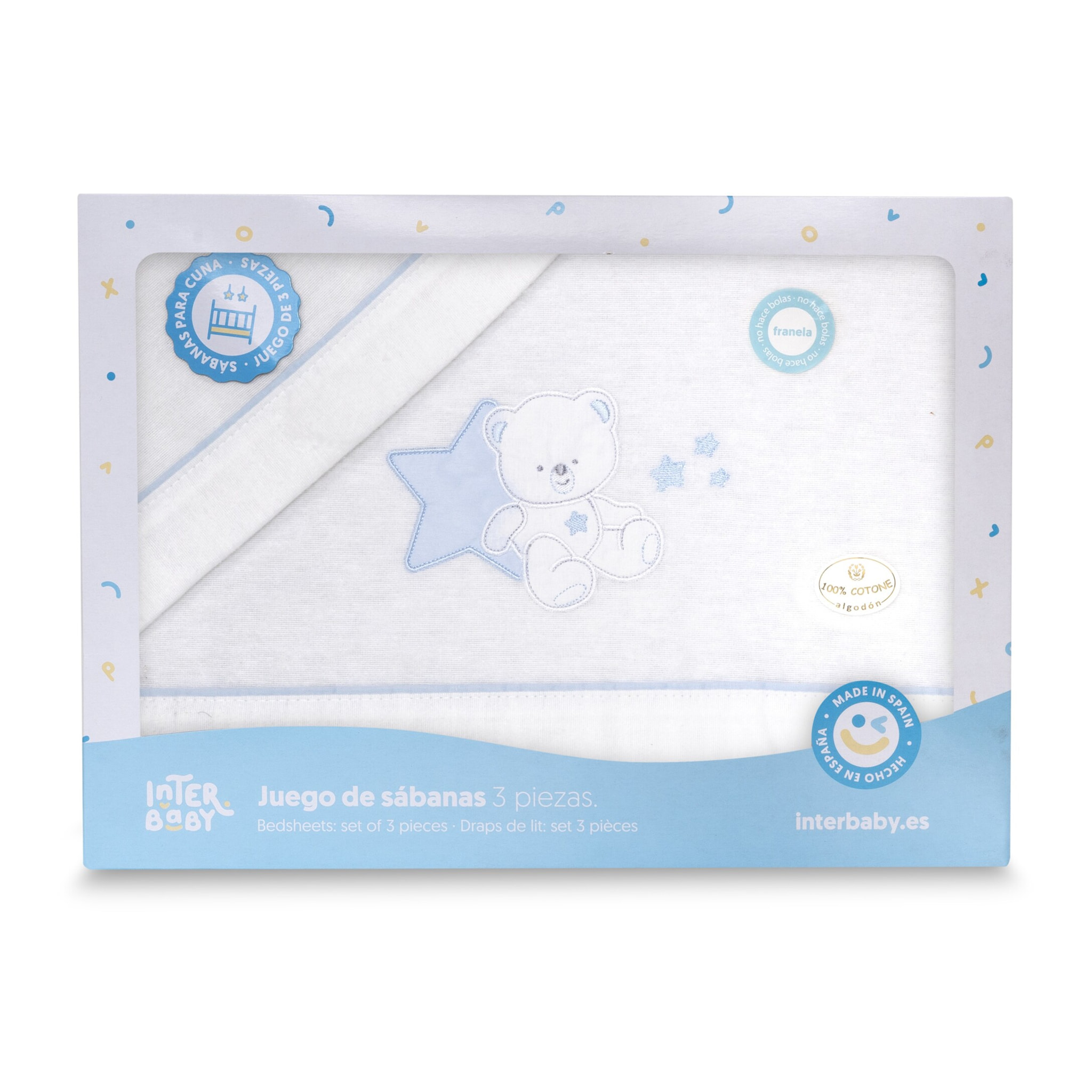 Triptico Minicuna Franela Osito Sentado Bco/Azul