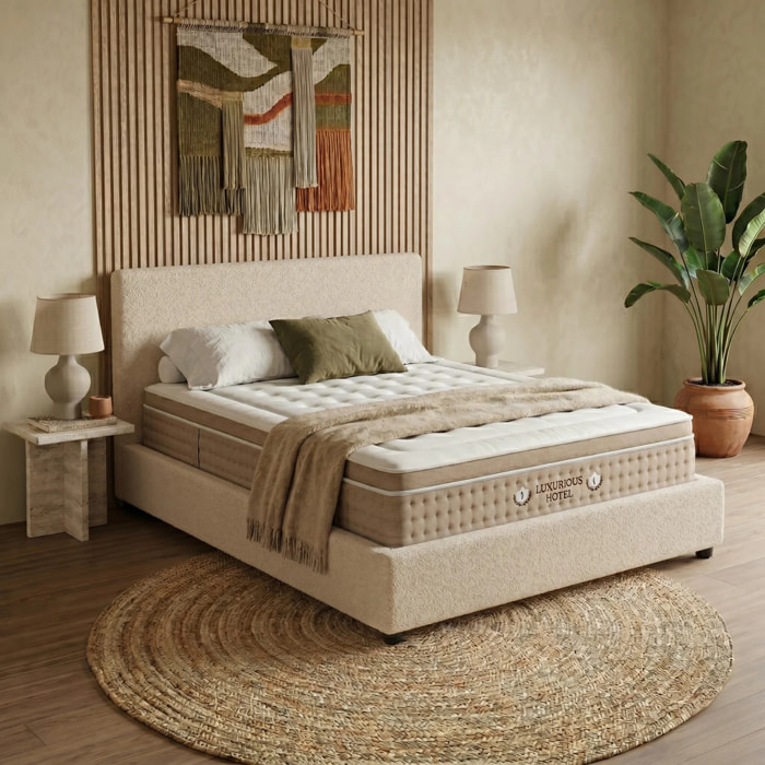 Ensemble matelas Bali & lit coffre Colisée | Mémoire de forme et ressorts ensachés | Grande capacité de stockage | Velours côtelé | Beige