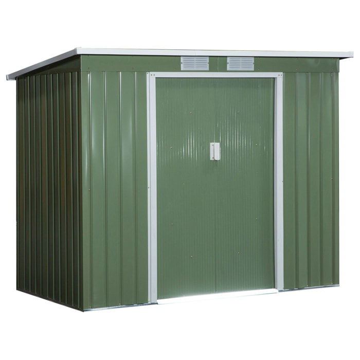Cobertizo de Jardín 213x130x172 cm Base de 2,1 m² Caseta de Exterior Metálica para Almacenamiento de Herramientas con 2 Puertas Correderas y 2 Ventanas Verde