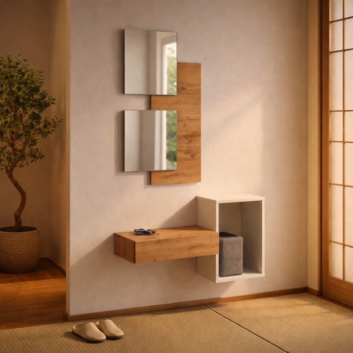 Set Mobile Ingresso Moderno Con Specchi Pensile A Giorno Mensola Con Cassetto Salvaspazio Mobile Da Parete 100 x 170 x 30 Cm Bianco E Rovere
