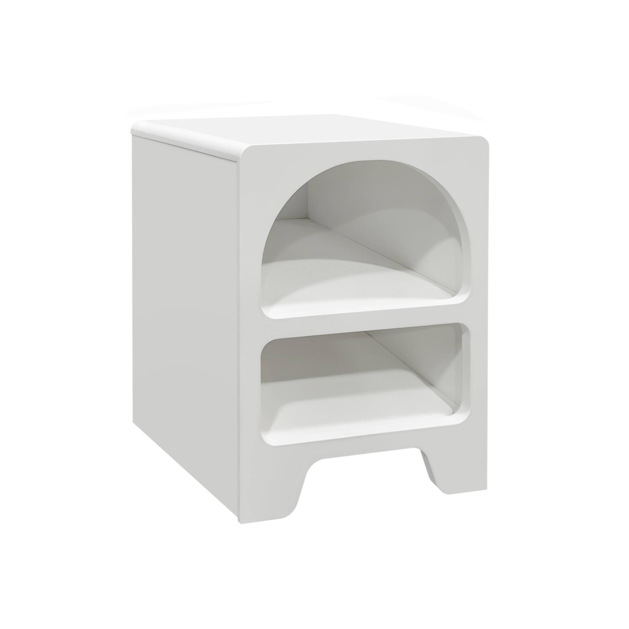 Table de chevet organique effet bois blanc. plusieurs niches 2 compartiments de rangement