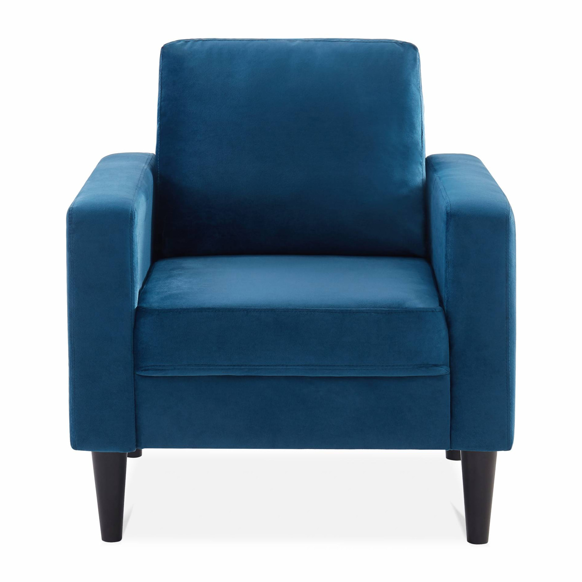 Fauteuil scandinave en velours bleu - Bjorn - Canapé 1 place fixe droit pieds bois
