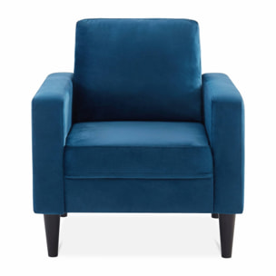 Fauteuil scandinave en velours bleu - Bjorn - Canapé 1 place fixe droit pieds bois