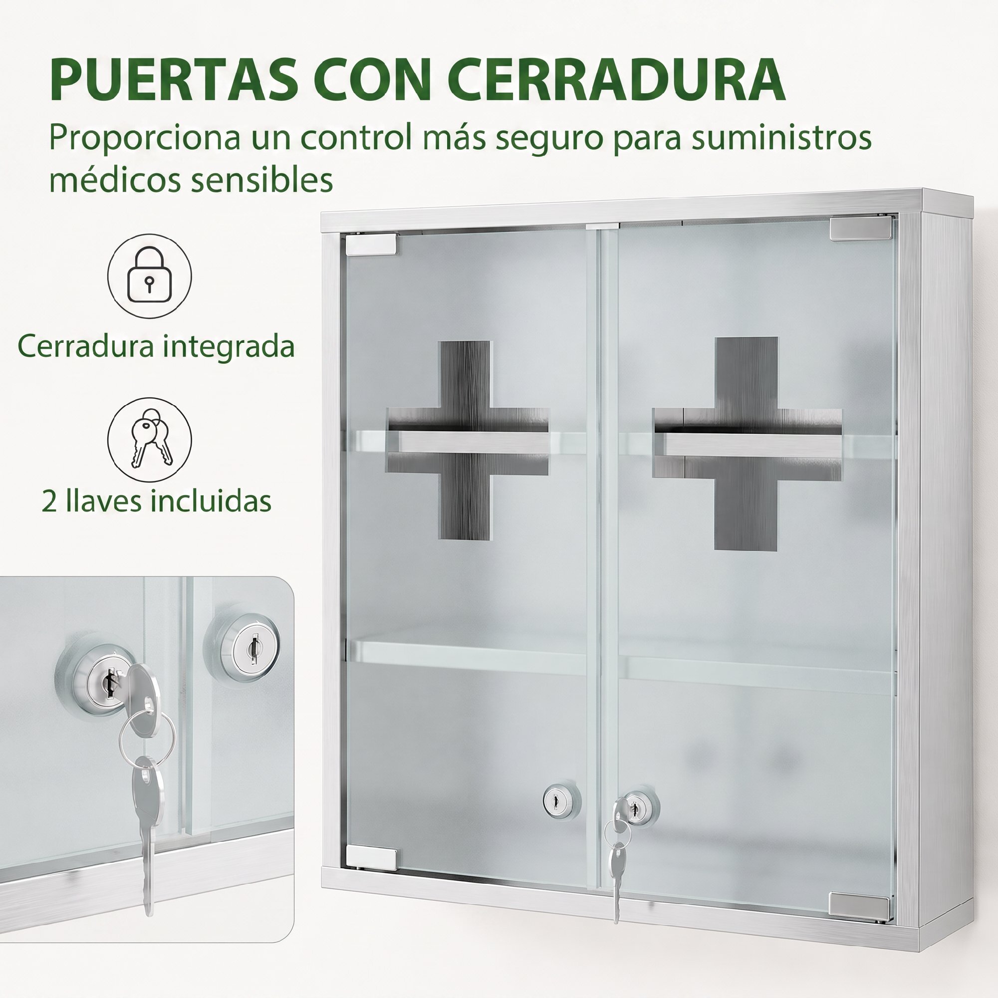 Botiquín de Pared de Primeros Auxilios, Botiquín de Medicinas de 3 Niveles con 2 Puertas de Cristal, Estantes, Cerradura y 2 Llaves, para Baño, Cocina, 46x12x48 cm, Plateado