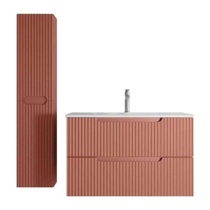 Meuble et colonne de Salle de Bains LEON 80cm Terracotta - Façades Ondulées - Vasque Blanche Mate