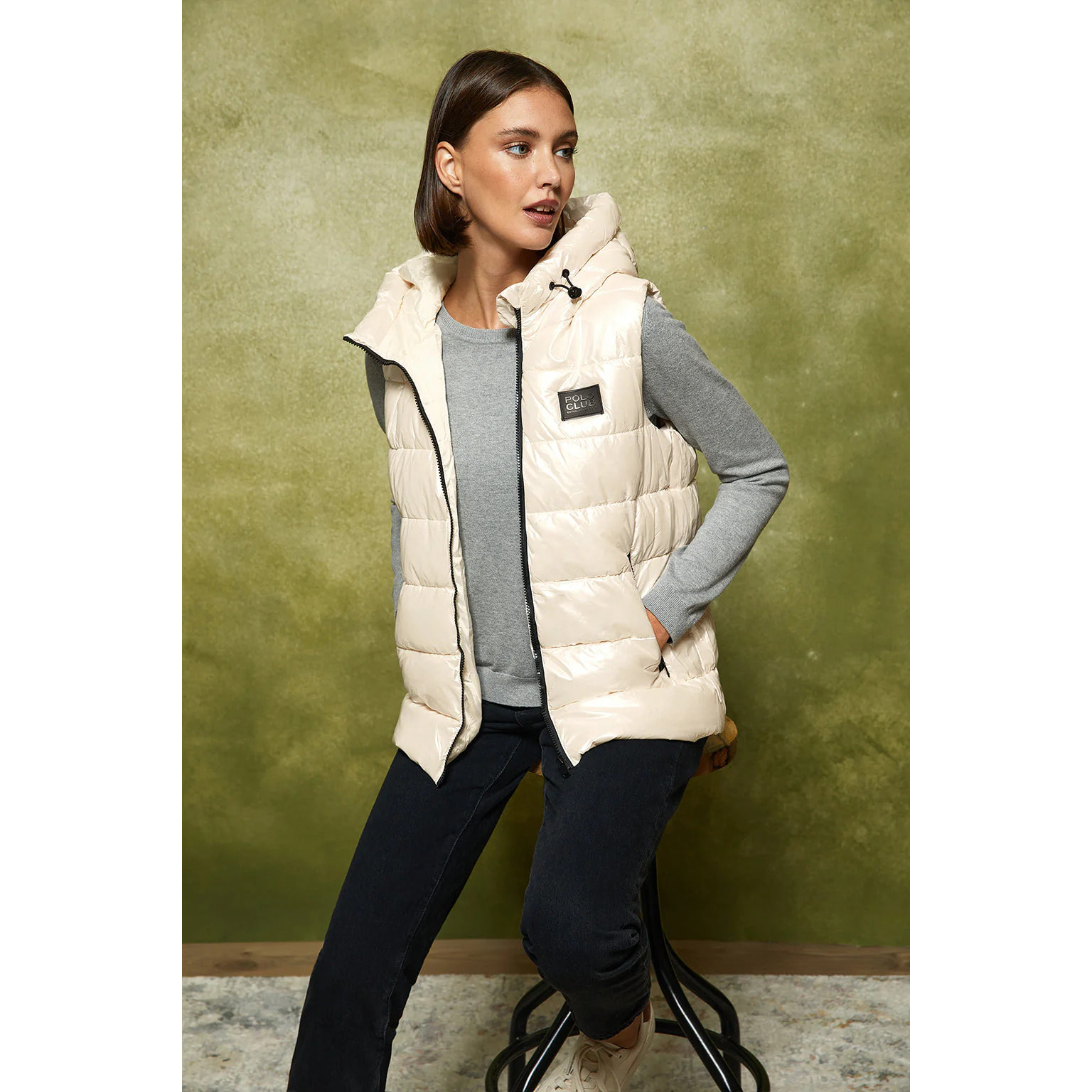 Gilet beige metallizzato con cappuccio e logo Polo Club