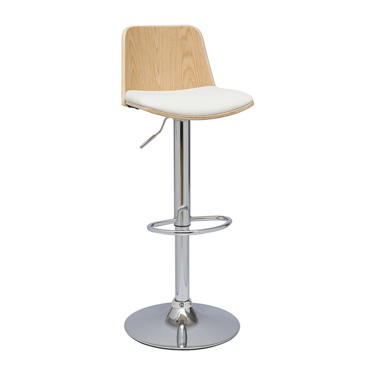 Tabouret de bar réglable blanc, bois clair et pied chromé DOA