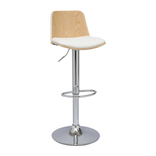 Tabouret de bar réglable blanc, bois clair et pied chromé DOA