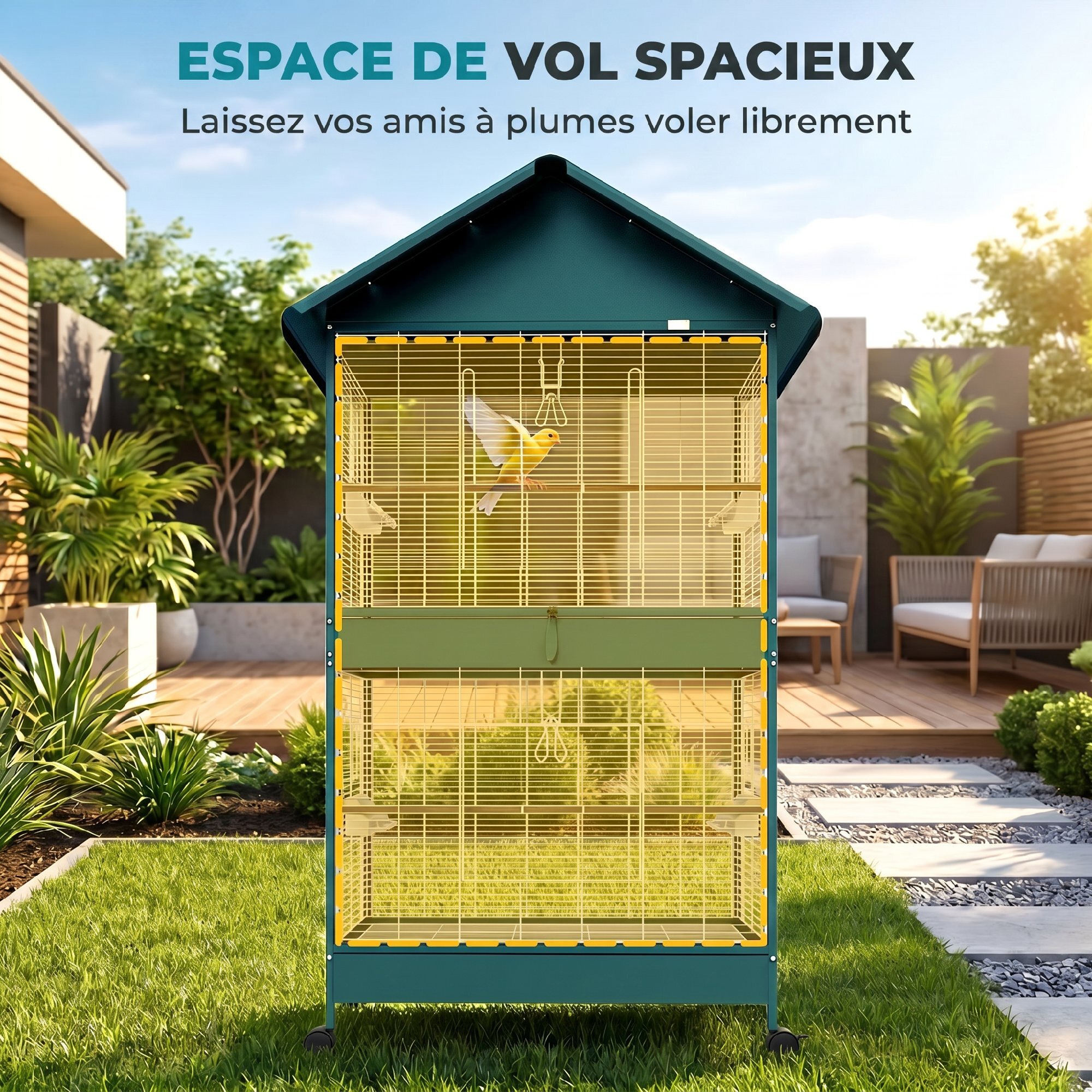Cage à oiseaux mobile - volière grande taille - séparateur amovible - métal - 94x70x158 cm - vert