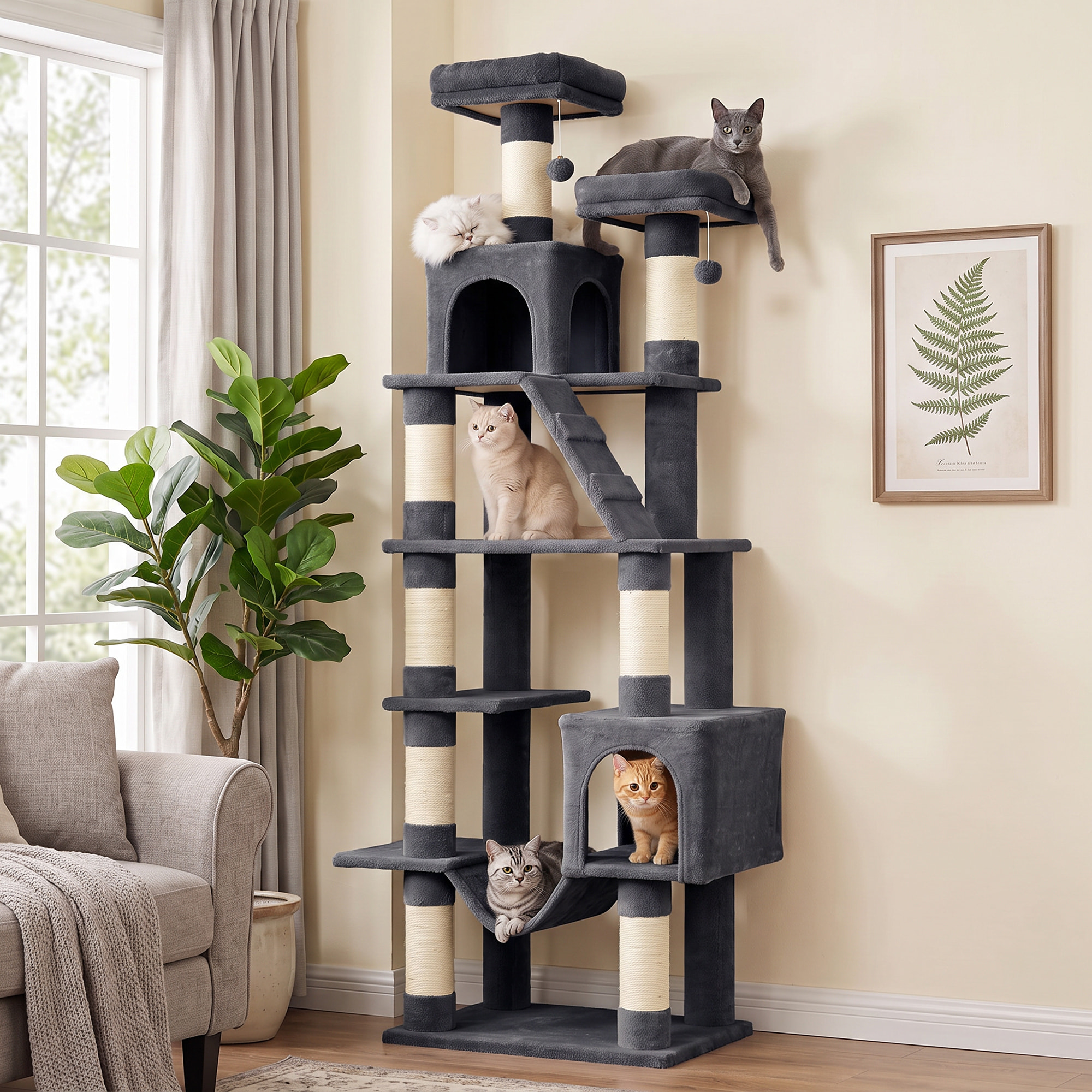 Árbol Rascador para Gatos 204 cm, Torre para Gatos Multinivel con 2 Cuevas, 2 Camas, Hamaca, Postes de Sisal, Escalera, 2 Bolas Colgantes, Tela de Felpa, para 1-3, Gris Oscuro