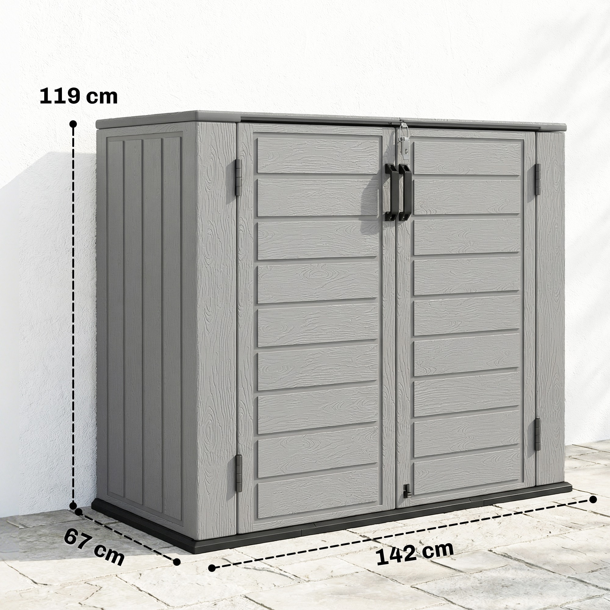 Armario de Exterior de HDPE, 940L, Caseta de Jardín Exterior con Tapa Abatible, 2 Puertas, Cerradura, Cobertizo de Jardín para Almacenaje Herramientas, 142x67x119 cm, Gris Claro