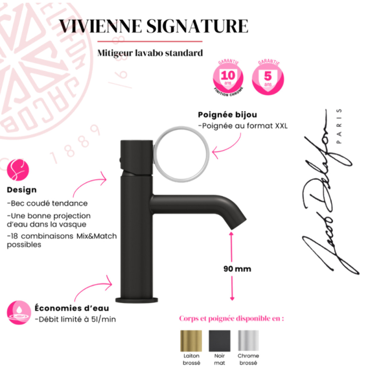 Mitigeur lavabo bas Vivienne chromé brossé avec bague noire mate