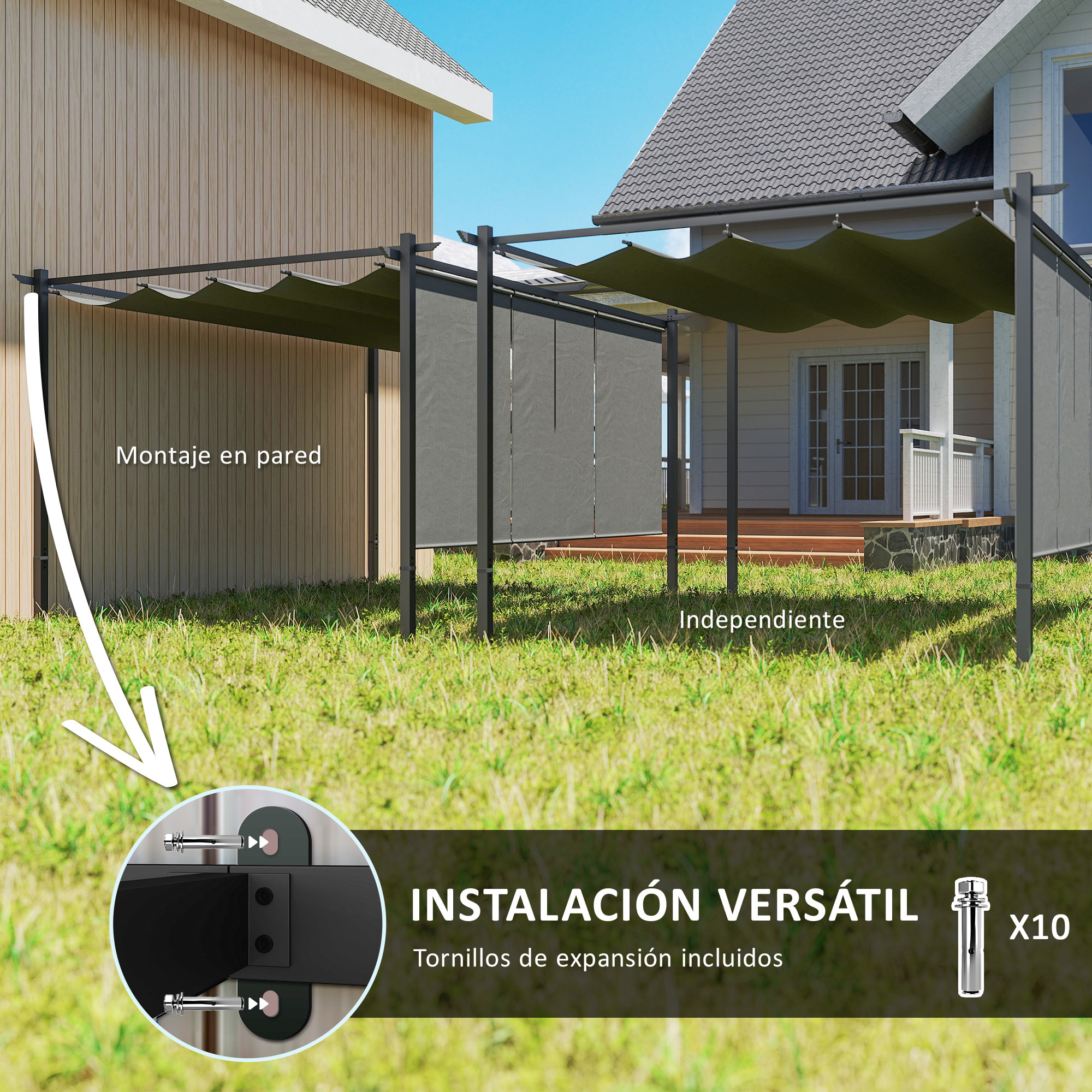Pérgola con Techo Retráctil Pérgola de 4x3 m Cenador de Pared o Independiente con Laterales Enrollables Protección UV30+ Pabellón para Jardín Patio Terraza Exterior Gris