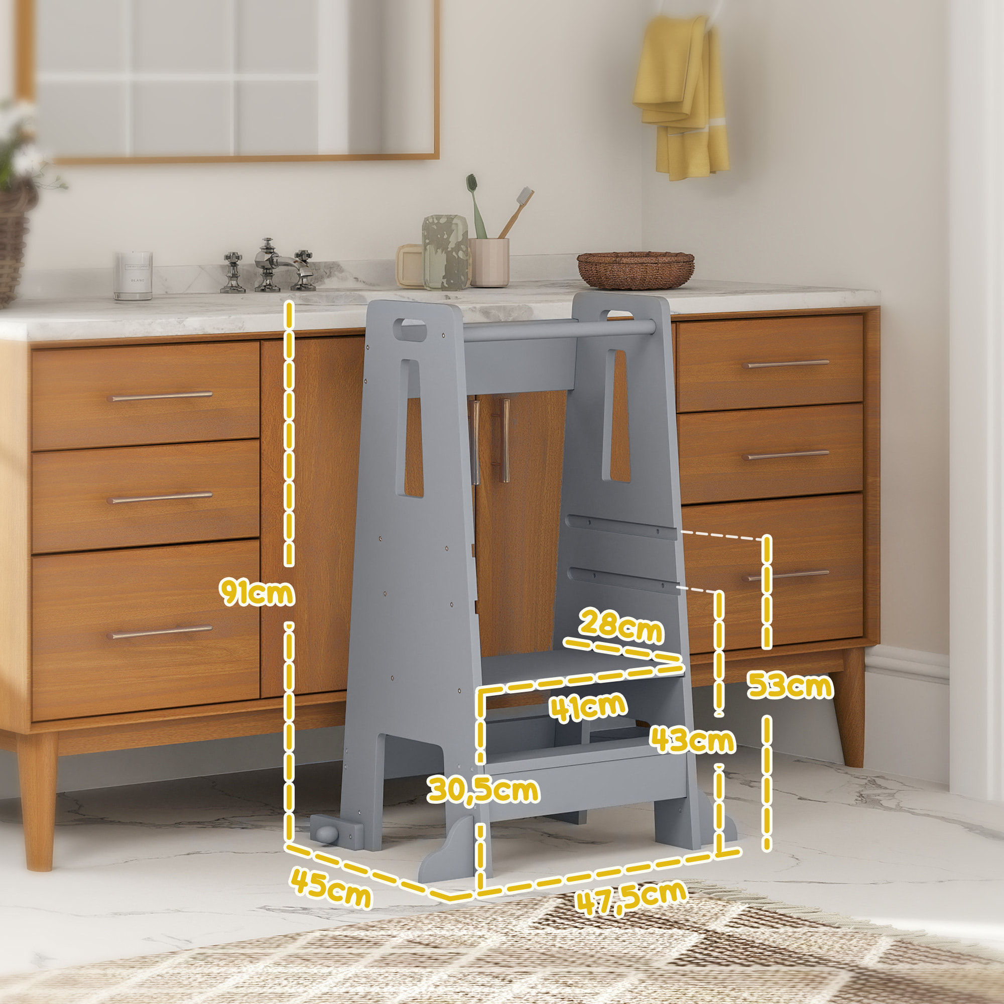 Torre de Aprendizaje Taburete de Aprendizaje para Niños de +3 Años con Pedal Altura Ajustable en 3 Niveles y Barrera de Seguridad para Baño Cocina 45x47,5x91 cm Gris