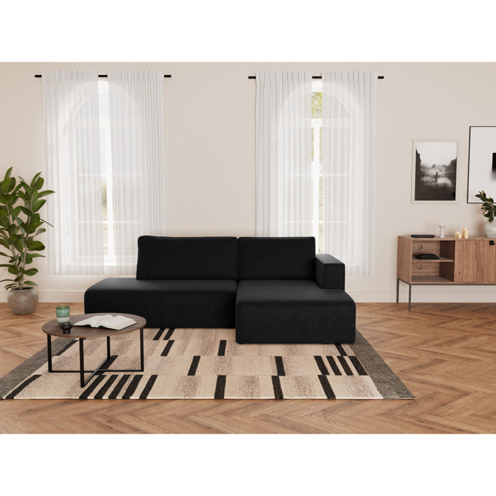 Topaze - canapé d'angle droit 4 places convertible avec coffre en velours côtelé - Noir