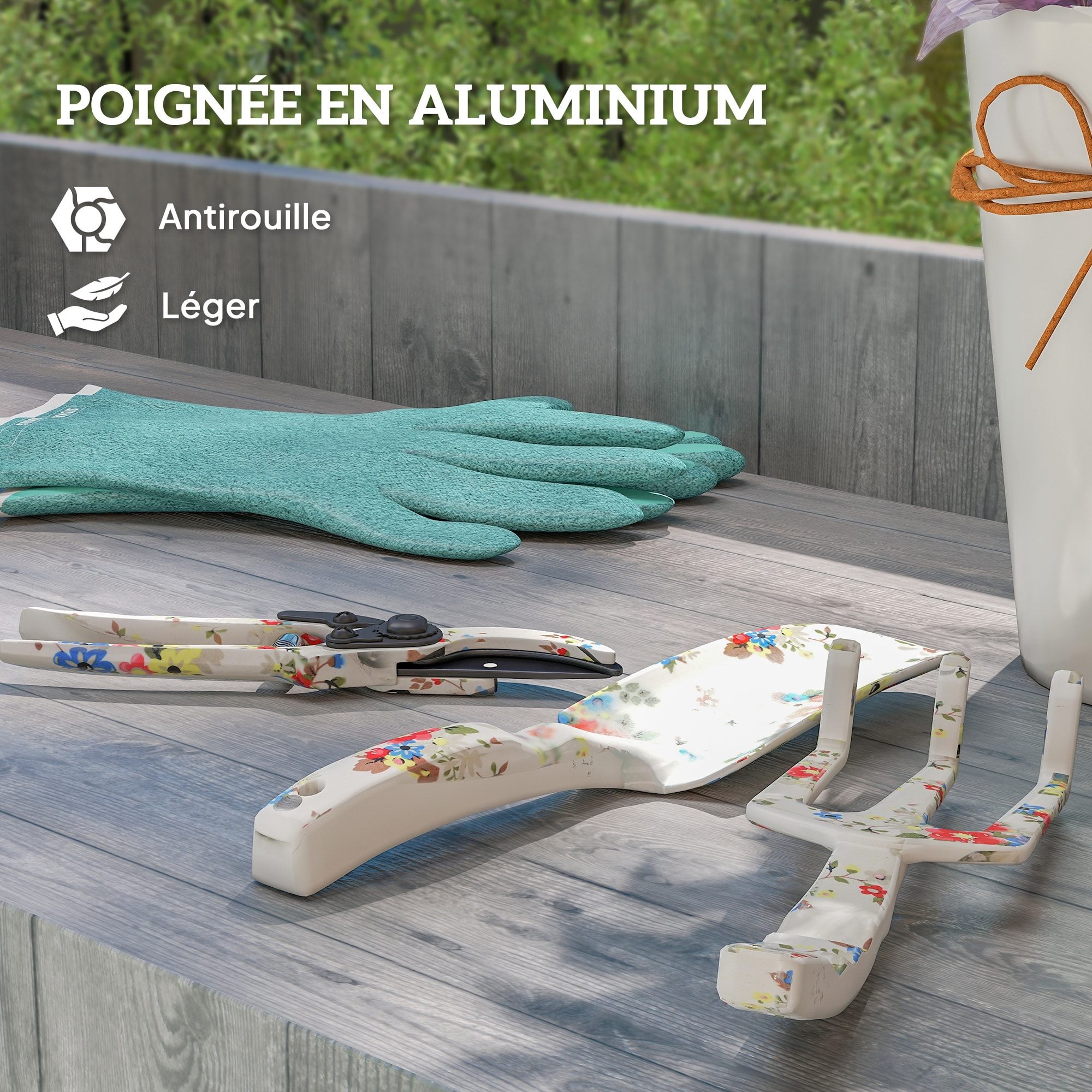 Kit 3 outils de jardin - sécateur, transplantoir, griffe à main - alu métal blanc motif fleurs