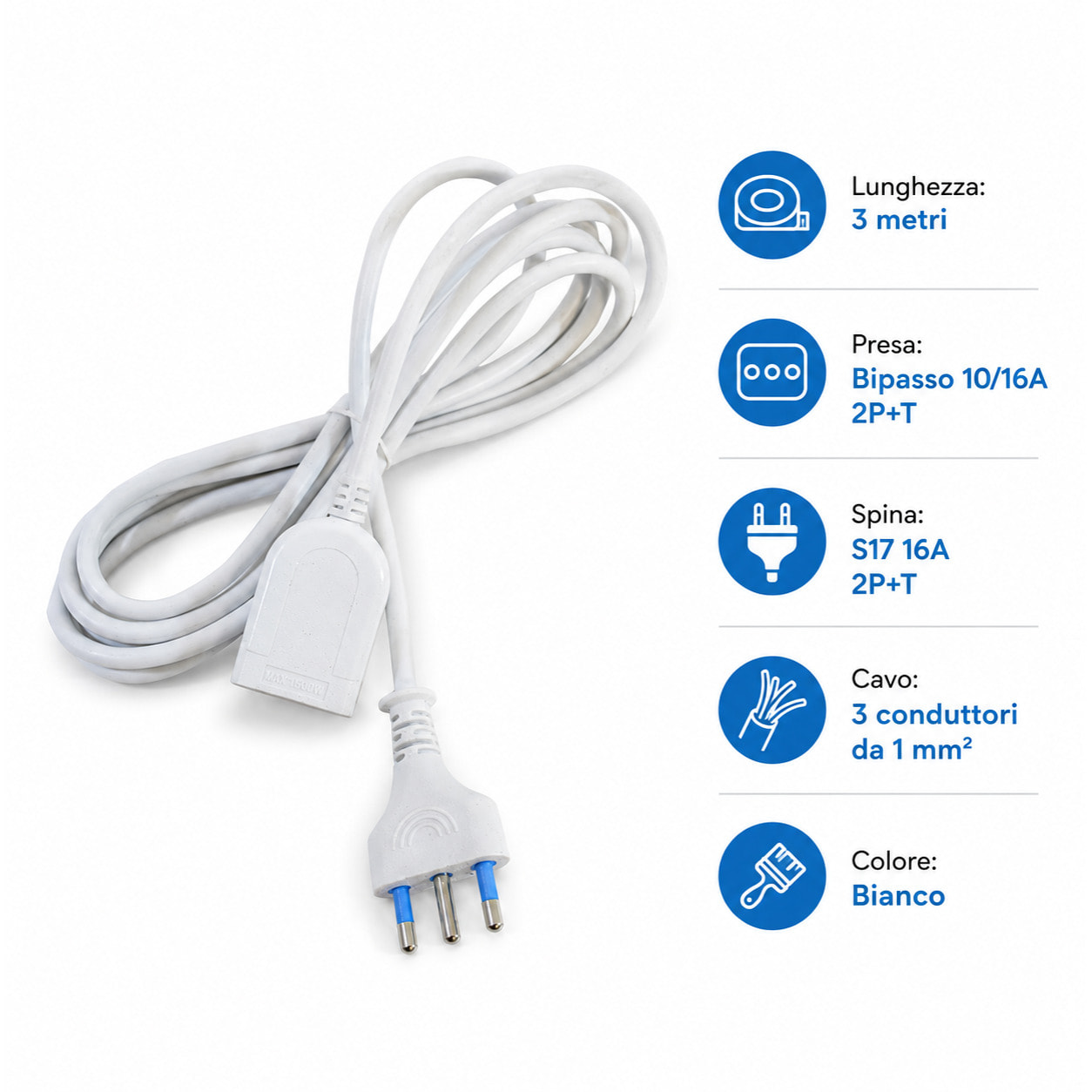 OMEGA Prolunga Elettrica 3 Metri Bianca Presa Bipasso 10/16A e Spina 16A