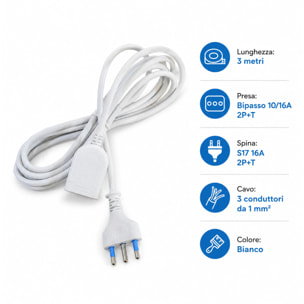 OMEGA Prolunga Elettrica 3 Metri Bianca Presa Bipasso 10/16A e Spina 16A