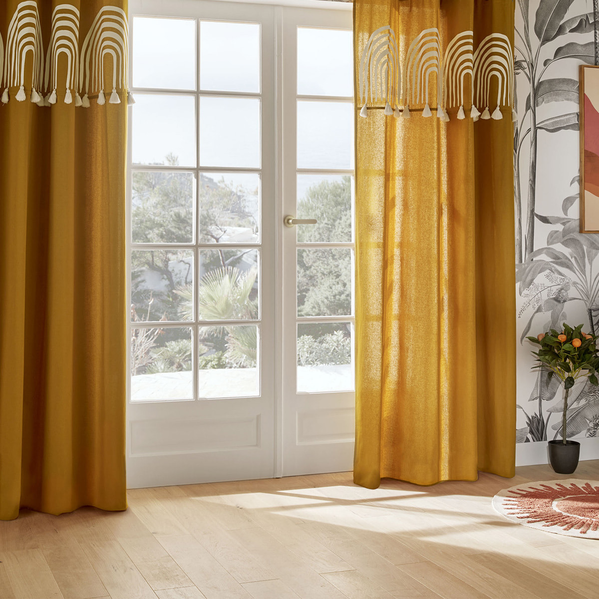 Rideau pompons "Soleya" 140x260cm moutarde