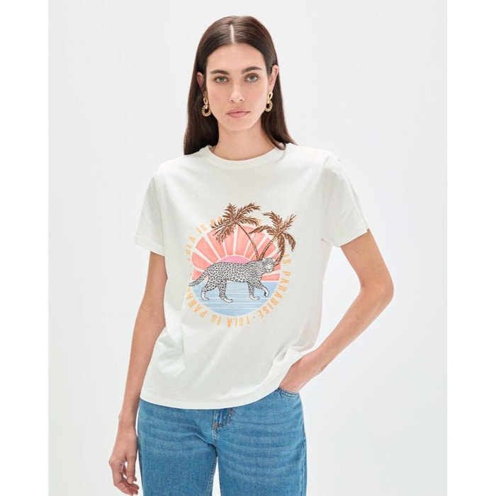 T-shirt con stampa animalier e palme